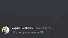 a screenshot of a discord conversation with vaguerrainbow5 today at 4:45 pm and i like being commanded