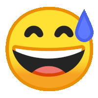 a yellow smiley face with a blue drop of sweat on its forehead