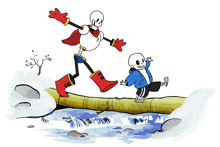 a cartoon of papyrus and sans walking across a log over a river