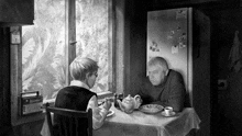 a black and white drawing of two men sitting at a table with a radio that says recorder on it