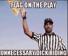 a referee is holding a yellow flag in his hand and says `` flag on the play unnecessary dick riding '' .