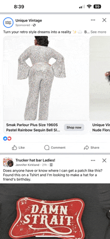 a facebook ad for unique vintage features a woman in a sequined jumpsuit