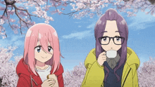 two anime girls standing next to each other drinking coffee