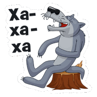 a sticker of a wolf sitting on a tree stump with the words xa-xa-xa-xa on it