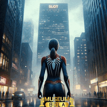 a woman in a spiderman costume is standing in front of a building that says slot