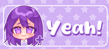 a picture of a girl with purple hair and the word yeah