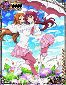 a card with two girls holding umbrellas with the words voice card at the top