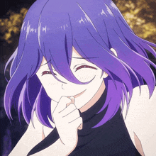 a girl with purple hair and a black top is smiling