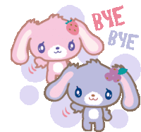 a pink and a purple bunny are standing next to each other with the words bye bye written above them