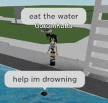 a girl in a video game is standing next to a body of water and talking about drowning .