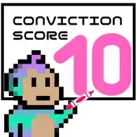 a pixel art of a monkey pointing at a sign that says " conviction score 10 "