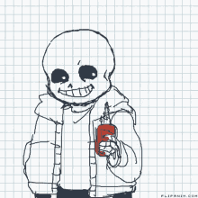 a drawing of a skeleton holding a red object with the website flipanim.com written below it