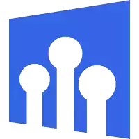 a blue and white logo with three white circles on it