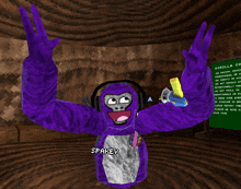 a purple gorilla with headphones and the word sparex on the bottom