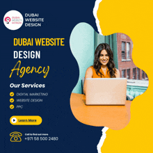 an advertisement for dubai website design agency shows a woman sitting at a desk with a laptop