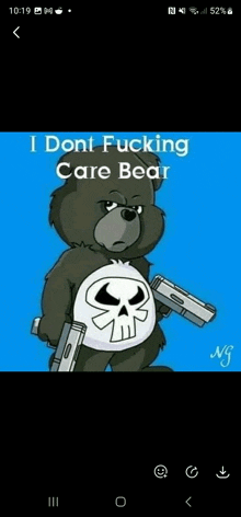 a care bear with a skull on his chest is holding a gun and says i dont fucking care bear .