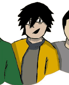 a cartoon drawing of a boy with black hair and a yellow jacket standing next to two other men .