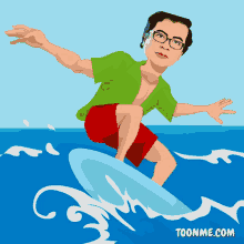 a cartoon of a man riding a surfboard with the website toonme.com below