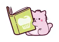 a pink cat is reading a green book with a cupcake on the cover