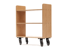 a wooden cart with wheels and shelves on a white background