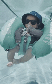 a baby wearing sunglasses and a blue hat is swimming in a swimming pool