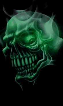 a green skull with horns and smoke coming out of it 's mouth