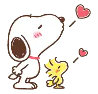 a cartoon drawing of snoopy and woodstock with hearts coming out of their mouths