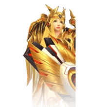 a woman in a gold armor is holding a shield and a sword .