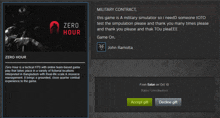 a military contract for a game called zero hour is shown