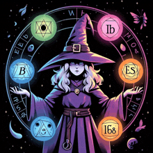 a witch in a purple robe is surrounded by colorful circles with the letters ib and es