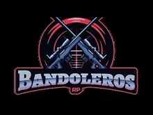 a logo for bandoleros rp with two crossed guns on a black background