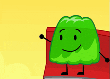 a green cartoon character with arms and legs is smiling and waving