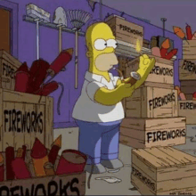 homer simpson is smoking a cigarette in front of a stack of fireworks boxes .