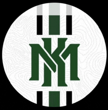 a white circle with a green letter m on it