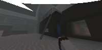 a computer generated image of a dark room with a staircase