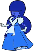 a cartoon drawing of a blue sapphire wearing a blue dress and white gloves