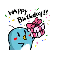 a blue penguin holding a pink gift box with the words happy birthday below it