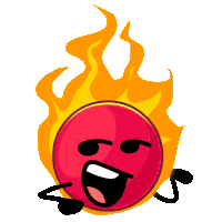 a cartoon illustration of a red ball with flames behind it