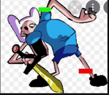 a cartoon character is holding a sword and has a green and red stripe on his arm