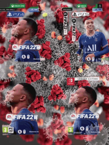 a poster for fifa 22 shows a soccer player surrounded by red flowers