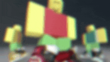 a blurry picture of a roblox character with a red shirt and green shorts