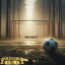 a soccer ball is sitting in front of a goal with the word sbobet on it