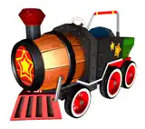 a toy train with a wooden barrel on the front of it .