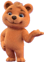 a brown teddy bear is smiling and pointing at something