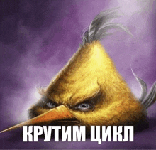 a picture of an angry bird with a purple background and russian writing on it .