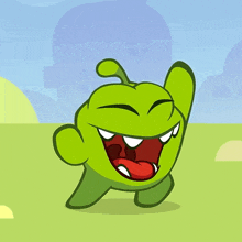 a green cartoon character is laughing with its mouth wide open