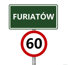 a green sign that says furiatown next to a red 60 sign