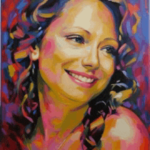 a colorful painting of a woman with braided hair smiling