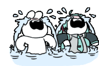 a couple of cartoon characters are standing in the water crying