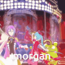 a group of anime characters are dancing and the word morgan is on the bottom of the image